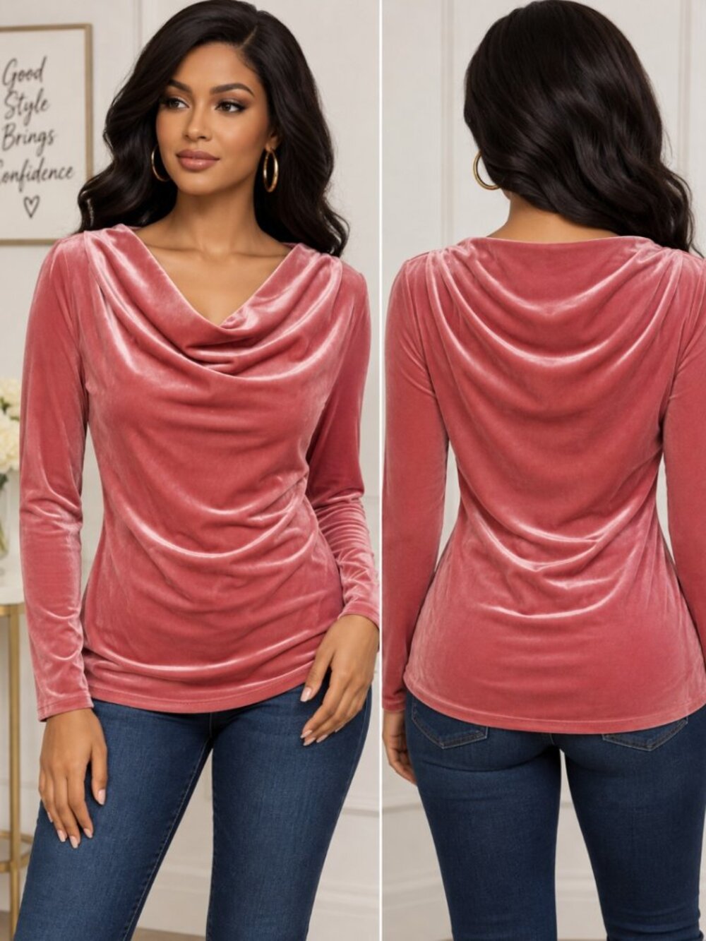 Women's Rose Pink Soft Velour Cowl Neck Date Night Long Sleeve Top Size Large